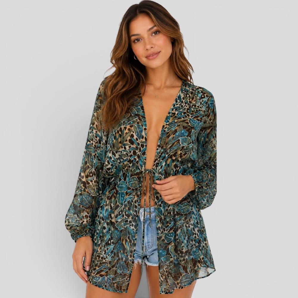 Bisou Bisou Swim Cover Up M Blue Tropical Leopard Sheer Chiffon Tie Front Y2K